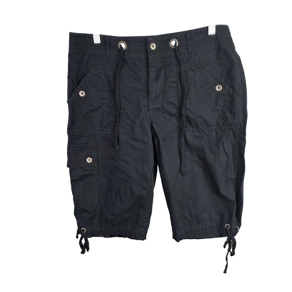 Womens Rafaella Black Bermuda Cargo Shorts Drawstring 100% Cotton 13" Inseam 10
